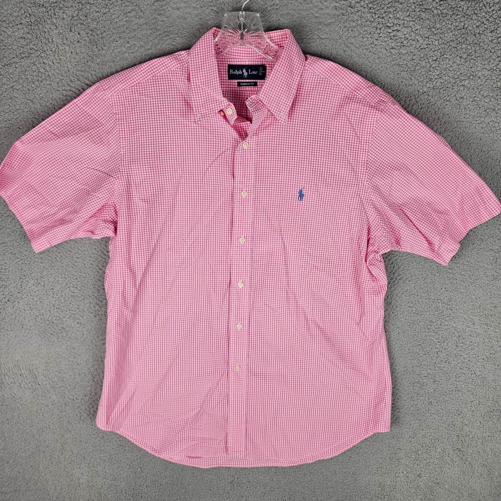 Ralph Lauren Button Down Mens L Pink Gingham Classic Fit Short Sleeve Pony Logo